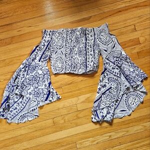 Blue and White Floral Boho Belle Sleeve Top